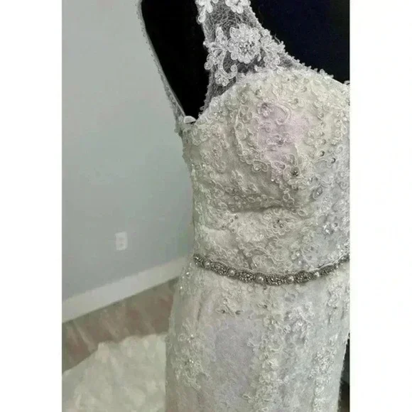 Elegant Lace Wedding Dress V Neck Beaded Sash Trumpet Silhouette sz 4-6